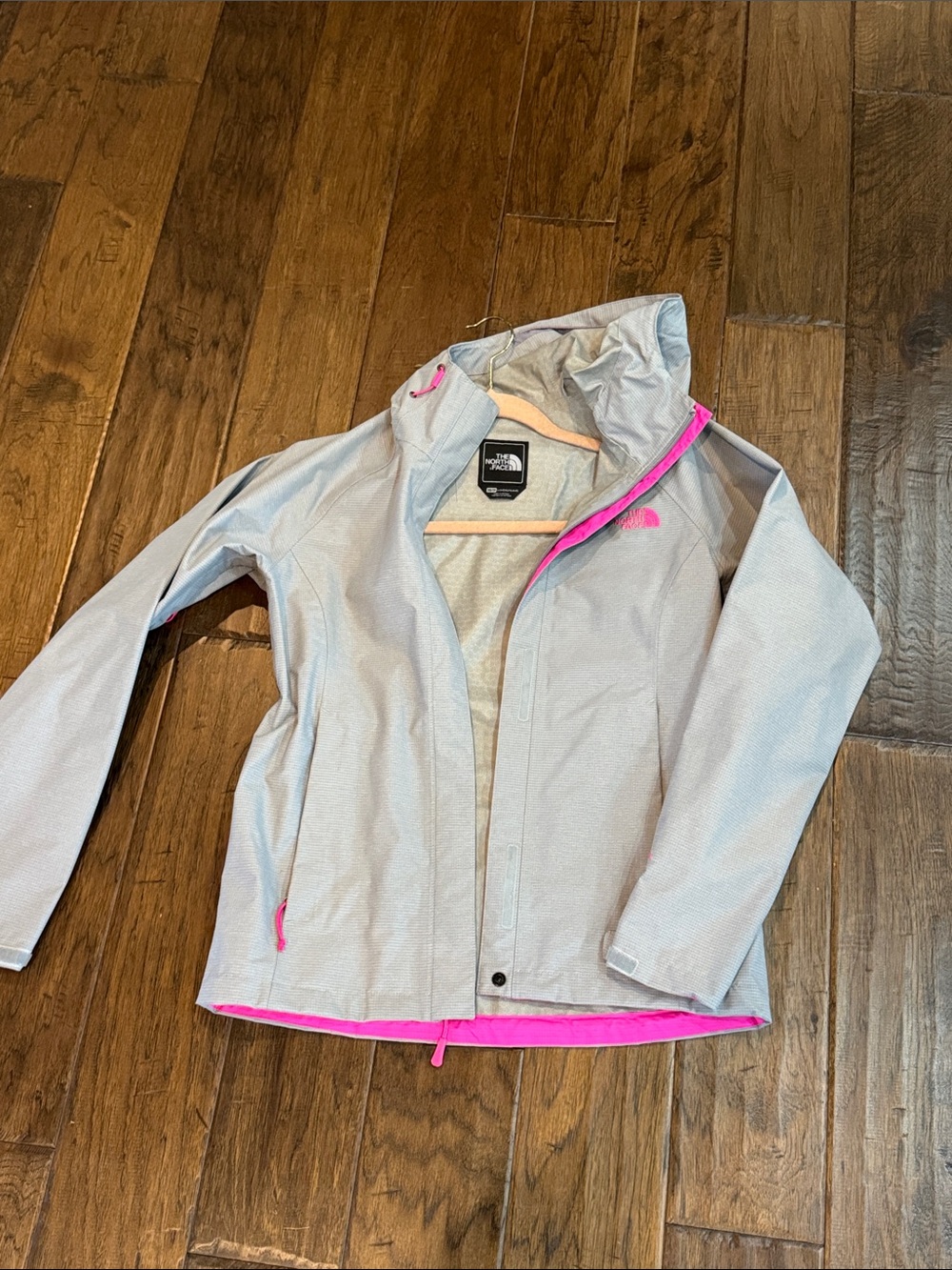 The North Face Light Gray Waterproof Hooded Jacket with Pink Trim